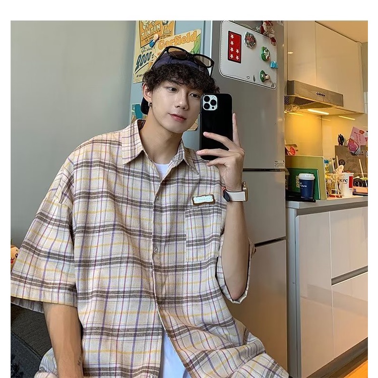 Áo Sơ Mi Ngắn Tay Dáng Rộng Hoa Văn Kẻ Ô Giản Dị Dành Cho Nam