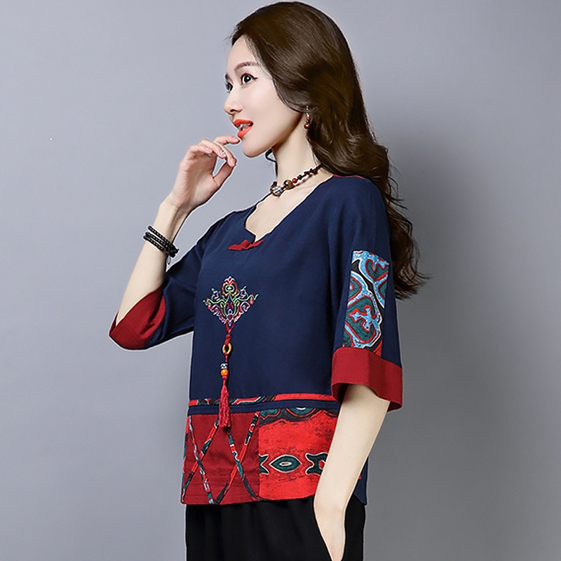 Áo cotton Lanh Dáng Rộng Thêu Hạt Gỗ Phong Cách retro Cho Nữ