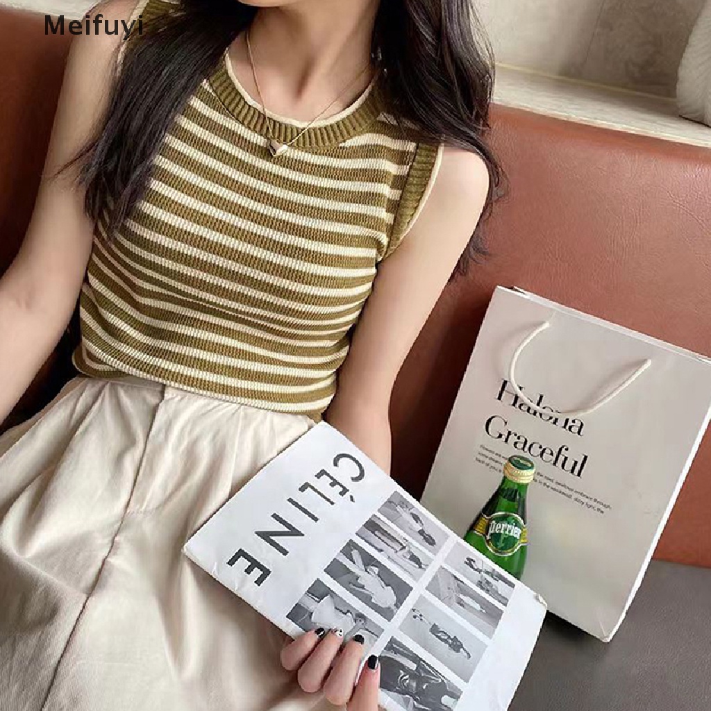 Áo Hai Dây Dệt Kim Cổ Tròn Họa Tiết Kẻ Sọc Phong Cách Retro Thời Trang Mùa Hè Cho Nữ