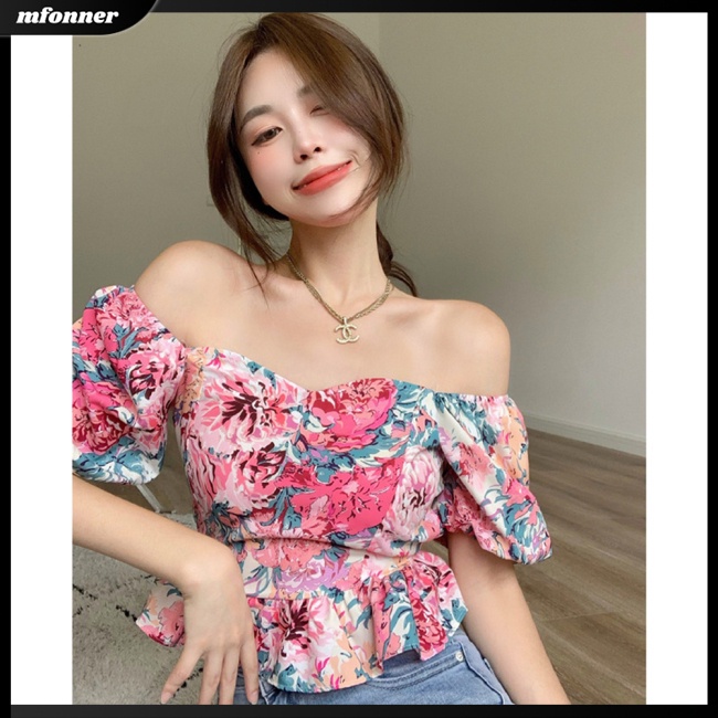 Áo Thun Tay Phồng Cổ Vuông Hở Lưng Họa Tiết Tranh Sơn Dầu Gợi Cảm Cho Nữ