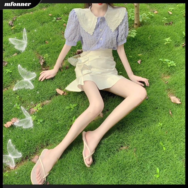 Áo Sơ Mi Cotton Tay Phồng Ngắn Cổ Búp Bê Phong Cách Retro Pháp Cho Nữ