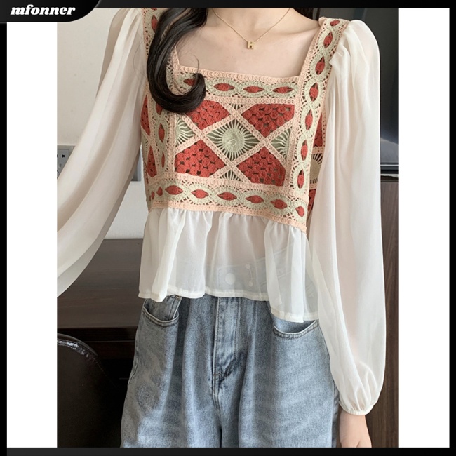 Áo Dệt Kim Chiffon Dài Tay Cổ Vuông Phối Họa Tiết Thổ Cẩm Thời Trang Cho Nữ