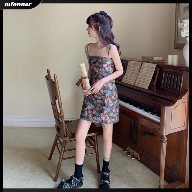 Đầm Ngắn Hai Dây Cổ Thuyền Dáng Ôm In Họa Tiết Hoa Xinh Xắn Thời Trang Cho Bạn Gái