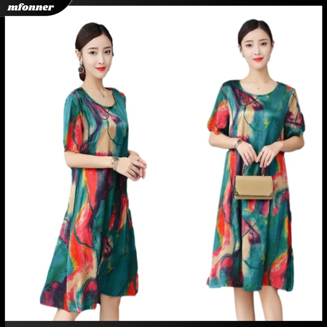 Đầm Chữ A Tay Ngắn Cổ Tròn Dáng Rộng In Họa Tiết Thời Trang Cho Nữ