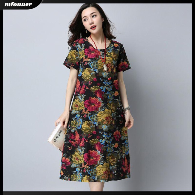 Đầm Tay Ngắn Dáng Rộng Cỡ Lớn Thời Trang Mùa Hè Phong Cách Retro Cho Nữ