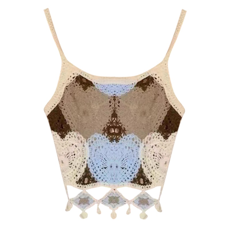 Áo Croptop Hai Dây Dệt Kim Cổ Vuông Thêu Họa Tiết Phong Cách Cổ Điển Dễ Thương Thời Trang Cho Nữ