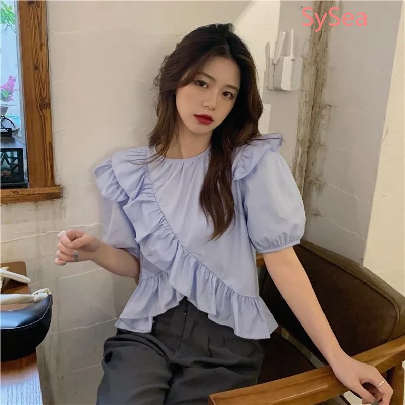 Áo Kiểu Tay Phồng Dáng Rộng Phối Bèo Kiểu Hàn Quốc Dễ Thương Cho Nữ
