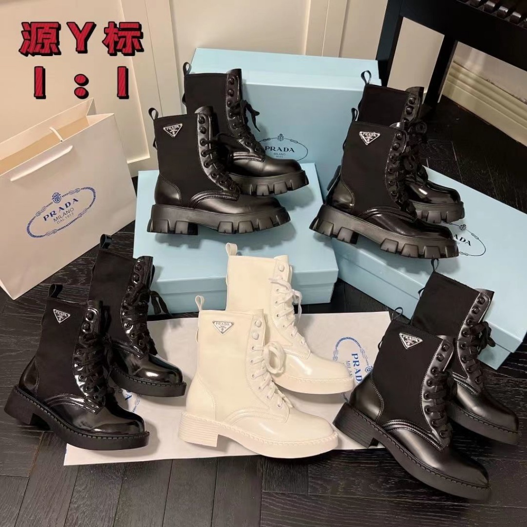 V5ZO PRADA triangle standard Martin boots muffin thick bottom pocket short boots genuine leather lace-up handsome motorcycle boots 2022 New
