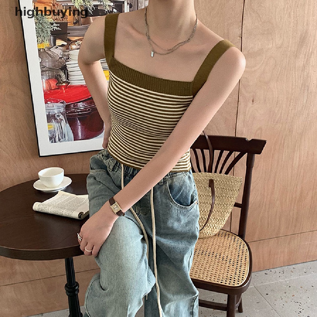 Áo Croptop Dệt Kim Hai Dây Họa Tiết Kẻ Sọc Phong Cách Vintage