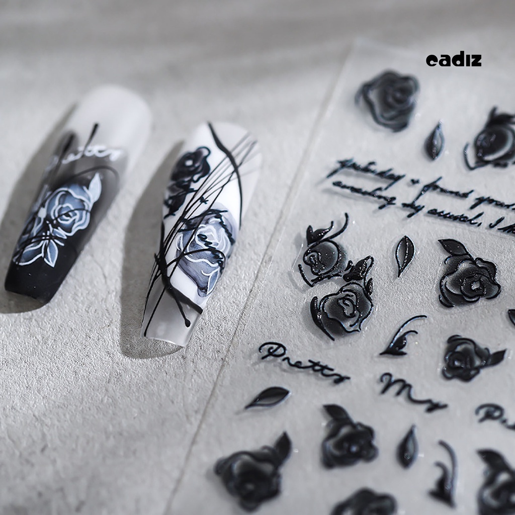 Miếng Dán Trang Trí Móng Tay Tự Dính Họa Tiết Hoa Hồng Trắng Đen Dùng Một Lần