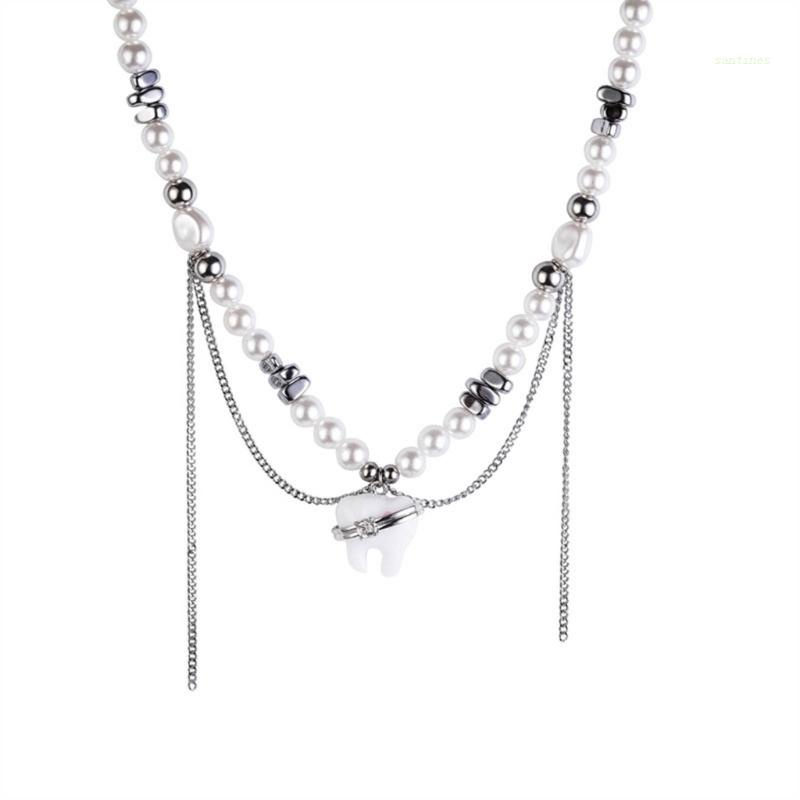 Vòng Cổ Choker Mini Mặt Răng Ngọc Trai Dễ Thương Có Thể Điều Chỉnh Cho Nữ