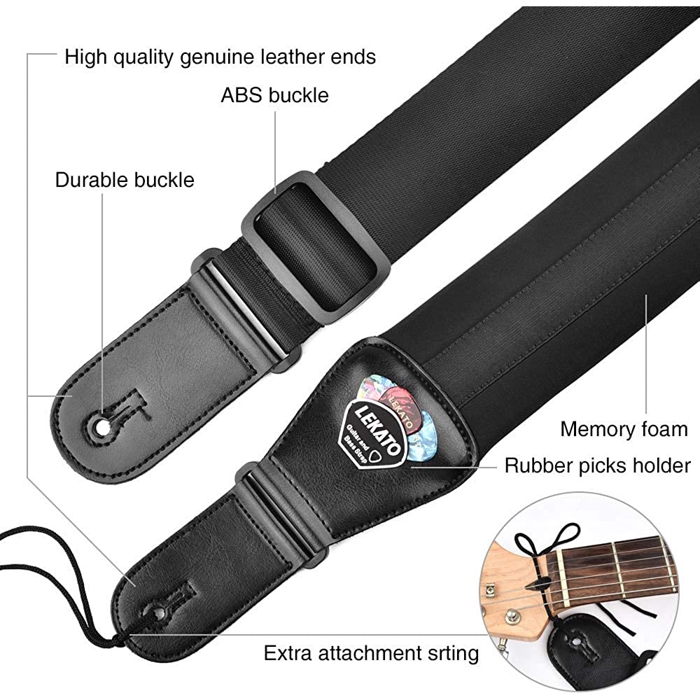 LEKATO Dây Đeo Vai Dày 3 "Với 6 Miếng Xốp Mềm Thoải Mái Cho Đàn Guitar Điện / Bass / Ukulele / Banjo