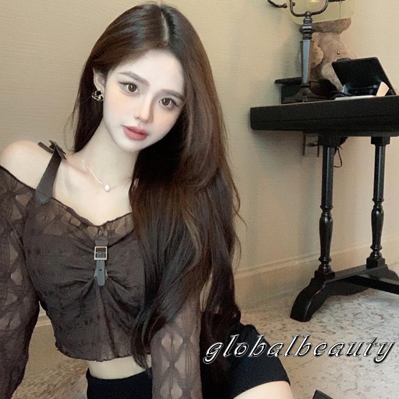 Áo Croptop Mỏng Tay Dài Hở Vai Có Dây Khóa Trước Thời Trang Cho Nữ