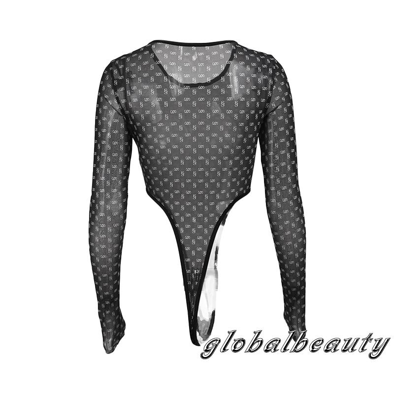 Áo Liền Quần Dài Tay Cổ Tròn Họa Tiết In Nhìn Xuyên Thấu Phong Cách Đường Phố