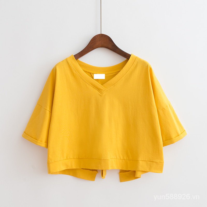 Áo Croptop Cổ Chữ V Lưng Cao Màu Trơn Xẻ Tà Phối Dây Thắt Thời Trang Cho Nữ