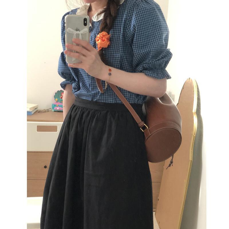 Áo Sơ Mi Tay Ngắn Cổ Búp Bê Họa Tiết Sọc Caro Phong Cách Vintage