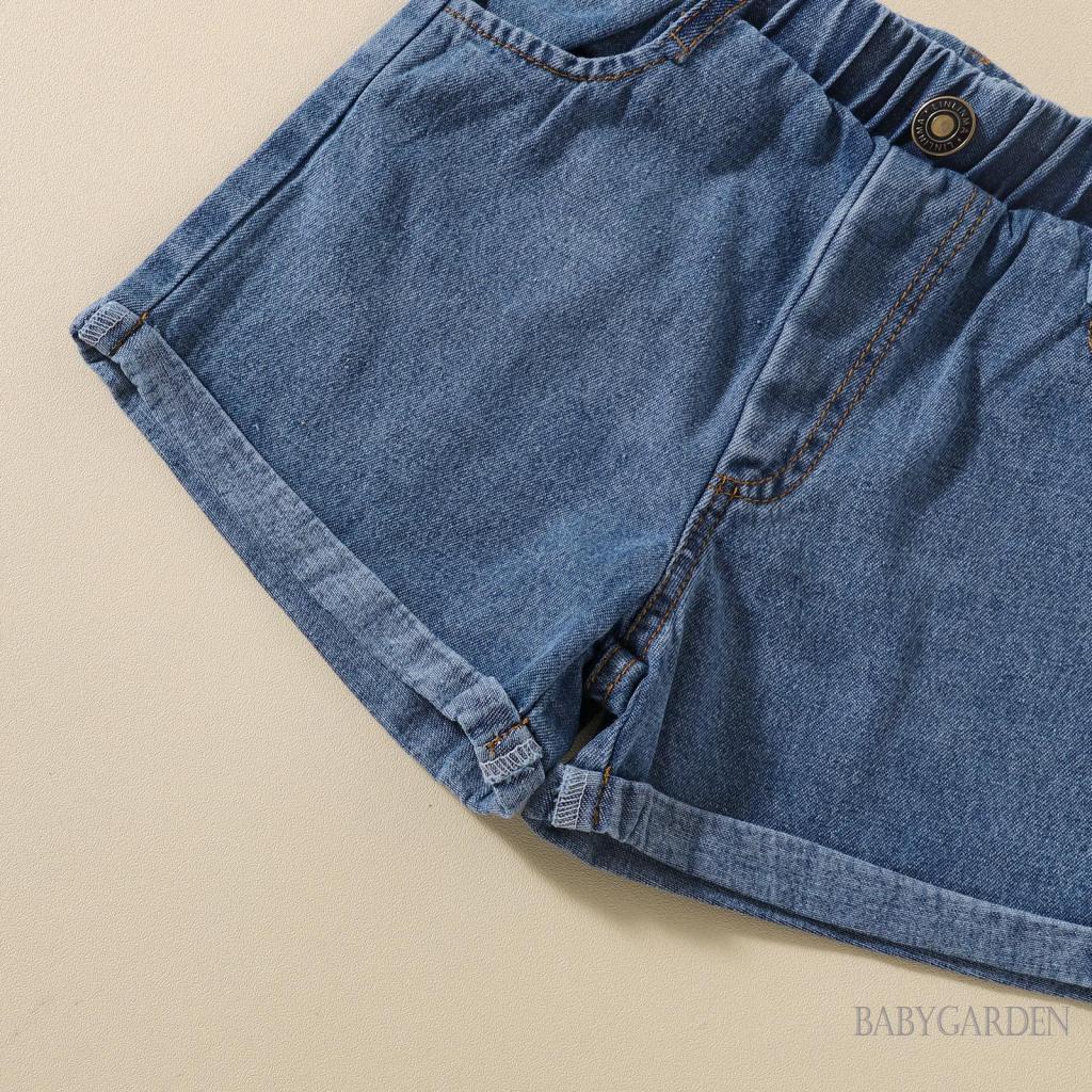 Bộ Áo Ba Lỗ Màu Trơn + Quần Short Denim Co Giãn Thời Trang Mùa Hè Cho Bé Gái 1-6 Tuổi