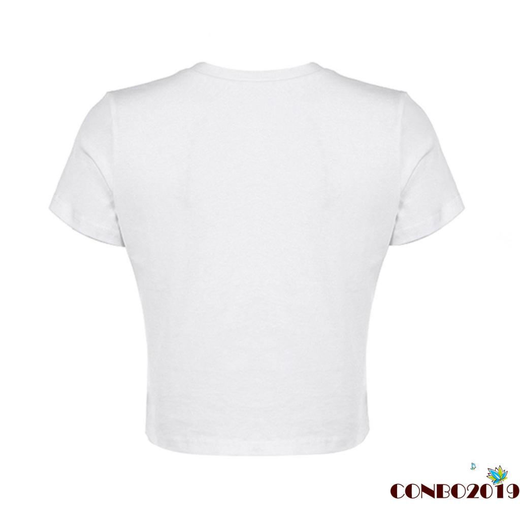 Áo Thun Crop Top Tay Ngắn Cổ Tròn In Hình Mèo Và Chữ Thời Trang Mùa Hè Cho Nữ