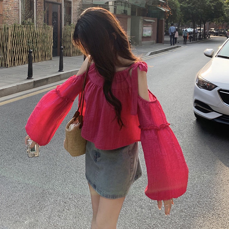 IELGY   Áo Kiểu Tay Phồng Hở Vai Dáng Ôm Thời Trang Dành Cho Nữ