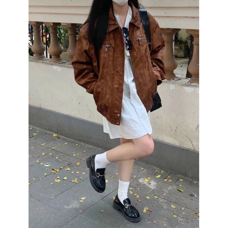 Áo Khoác Bóng Chày Da PU Dáng Ngắn Màu Nâu Cỡ Nhỏ Phong Cách Cổ Điển Thời Trang Xuân Thu Cho Nữ