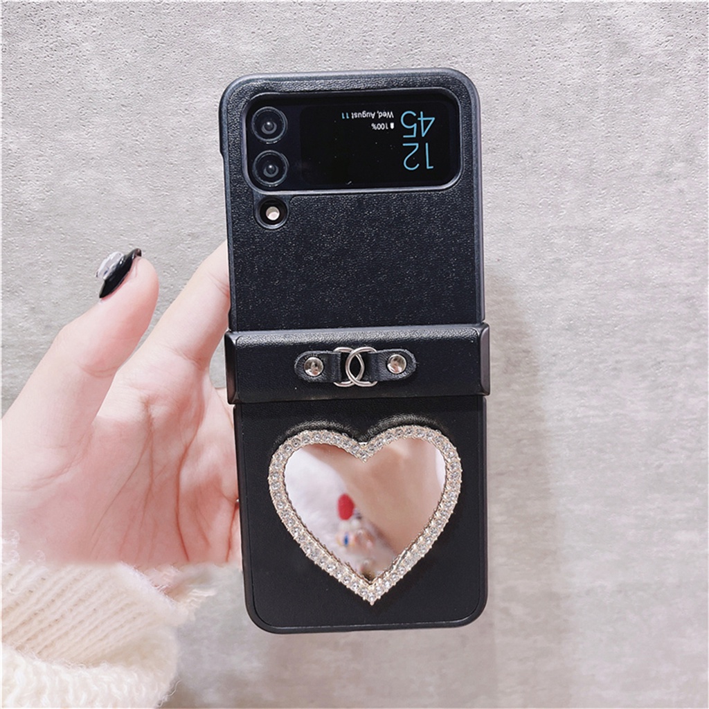 Ốp Điện Thoại Nắp Gập Mặt Gương Màu Trơn Đính Trái Tim Cho Samsung Galaxy Z Flip 3 5G Z Flip3 Zflip3 Flip 4