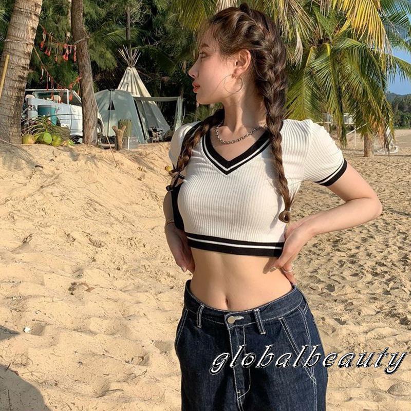 Áo Croptop Dệt Kim Tay Ngắn Cổ Chữ V Màu Sắc Tương Phản Thời Trang Cho Nữ
