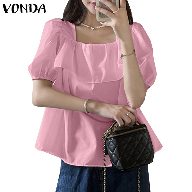 Áo kiểu VONDA cổ vuông tay phồng ngắn màu trơn thời trang Hàn Quốc cho nữ