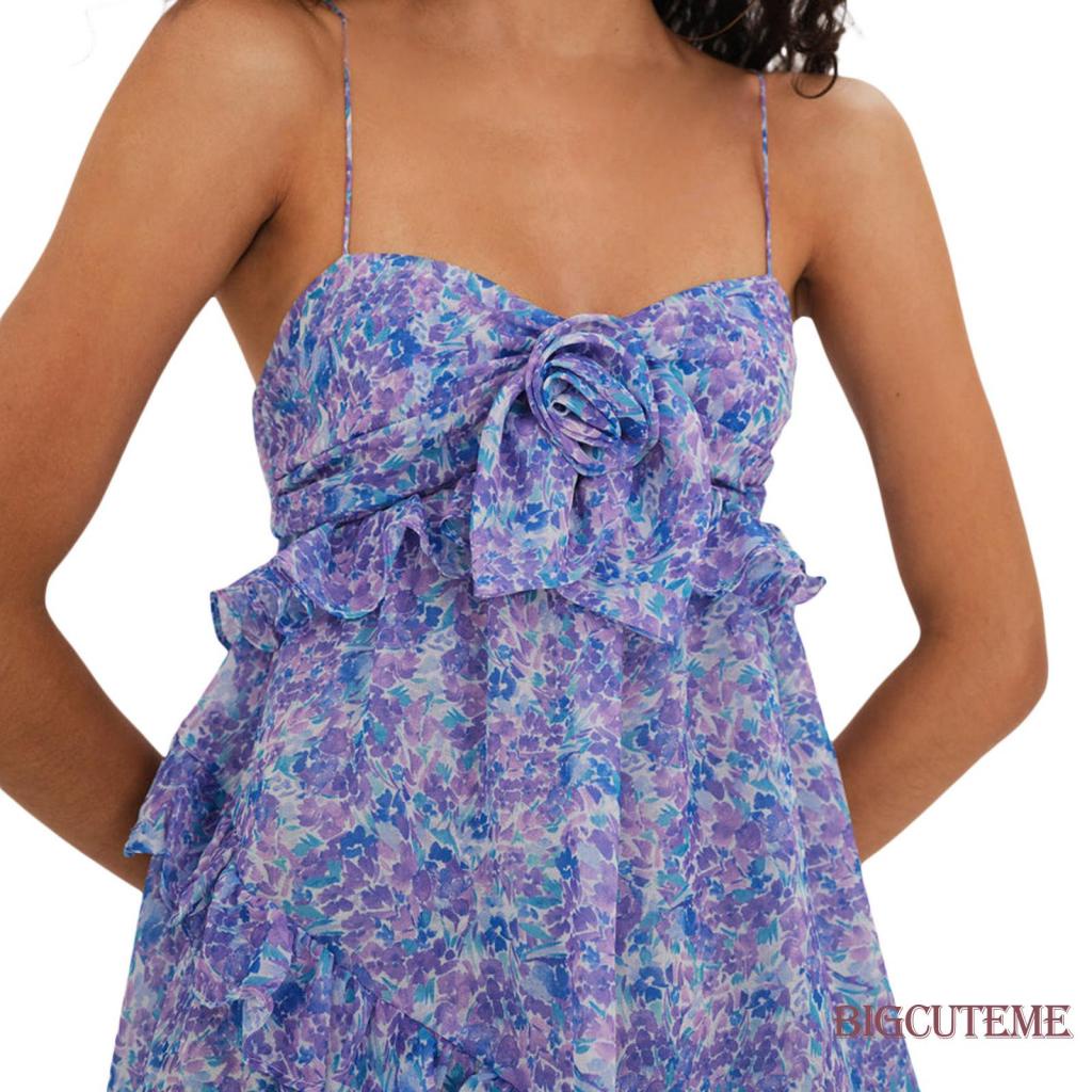 Đầm Chữ A Sát Nách Hở Lưng Phối Bèo In Họa Tiết Hoa Thời Trang Mùa Hè Cho Nữ