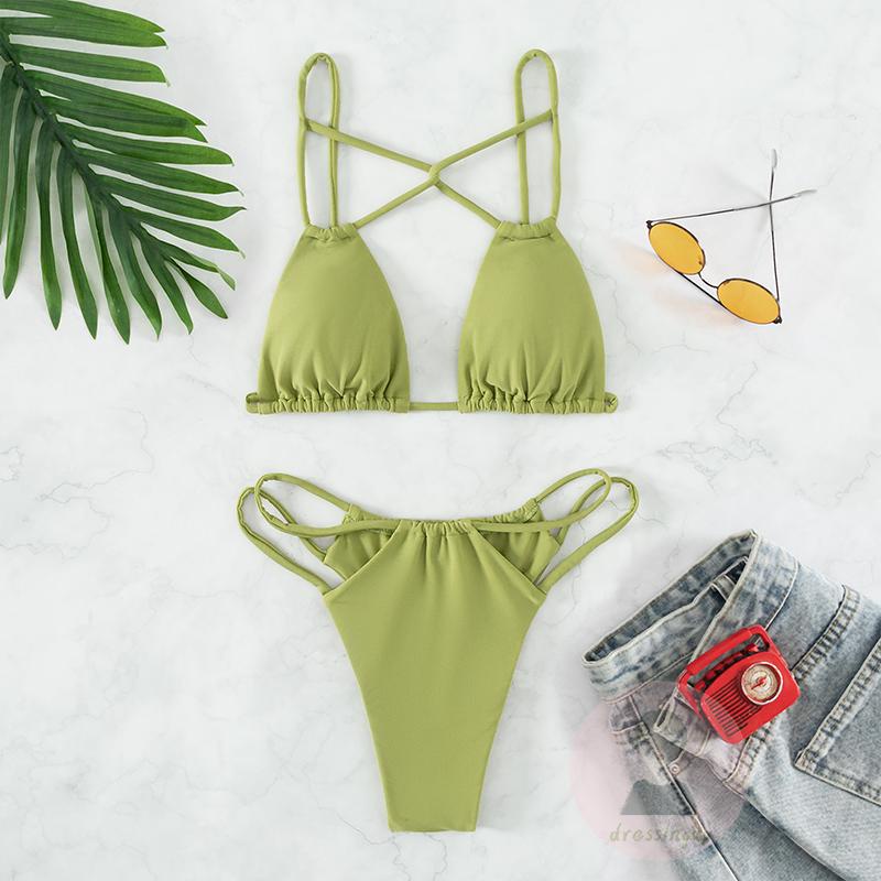 Bộ Đồ Bơi Bikini Màu Trơn Chéo Dây Có Đệm Ngực Thời Trang Mùa Hè Cho Nữ