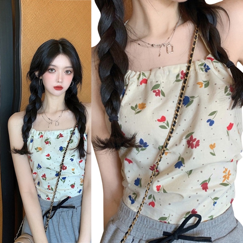 Áo Croptop Hai Dây Họa Tiết Hoa Dễ Thương Thời Trang Mùa Hè Cho Nữ
