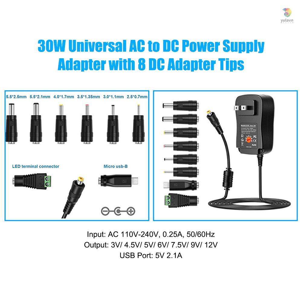 Bộ Chuyển Đổi Nguồn Điện AC Sang DC 30W Với Cổng USB 5V 2.1A 3V - 12V Với 8 Đầu Chuyển Đổi DC Dành Cho Gia Đình
