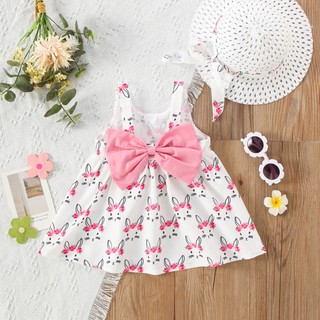 Đầm đính nơ in họa tiết thỏ dễ thương thời trang mùa hè cho bé gái 0-3 tháng tuổi