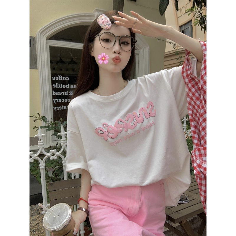 Áo Thun Dáng Rộng In Chữ Phong Cách Cổ Điển Thời Trang Mùa Hè Xinh Xắn