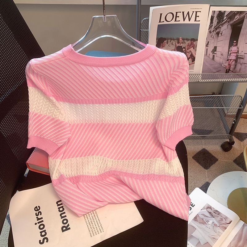 Áo Sweater Tay Ngắn Chất Lụa Lạnh Họa Tiết Kẻ Sọc Thời Trang Mùa Hè 2023 Cho Nữ