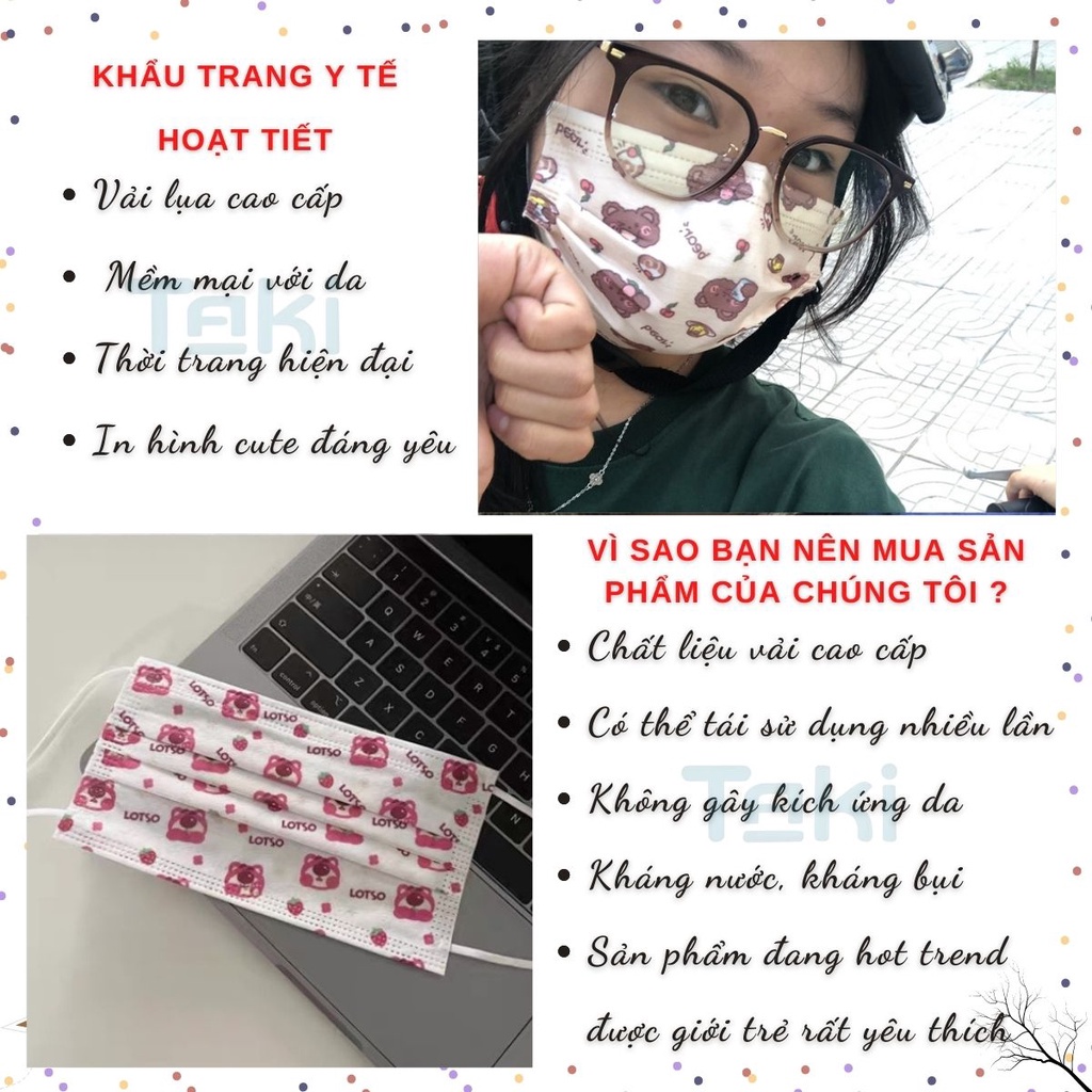 Khẩu trang y tế gấu cute TAKI hoạt tiết in hình họa tiết đáng yêu, vải lụa cao cấp xưởng phân phối