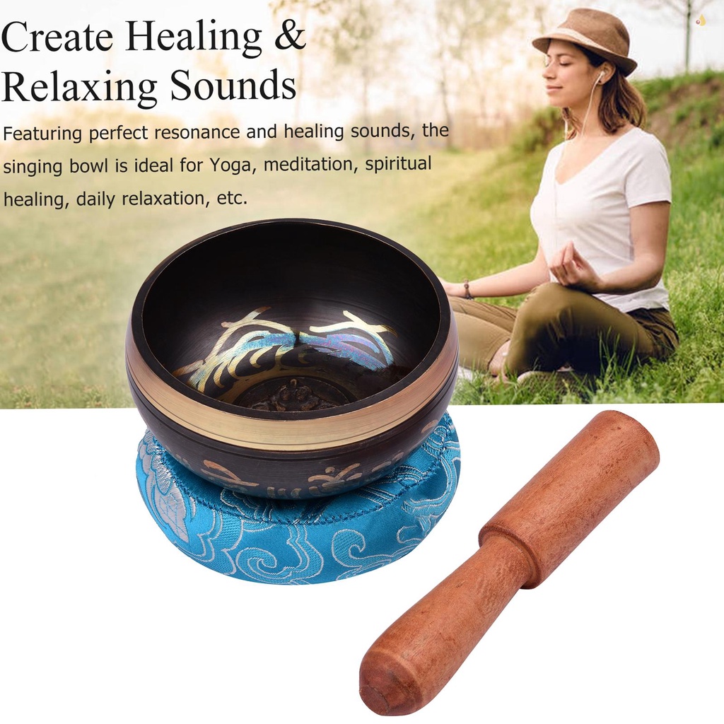 Bộ Bát Hát Tây Tạng Bằng Kim Loại Thủ Công 8.5cm / 3.3inch Có Đệm Mềm (Giao Hàng Ngẫu Nhiên) &amp; Âm Thanh Ngồi Thiền Chakra R
