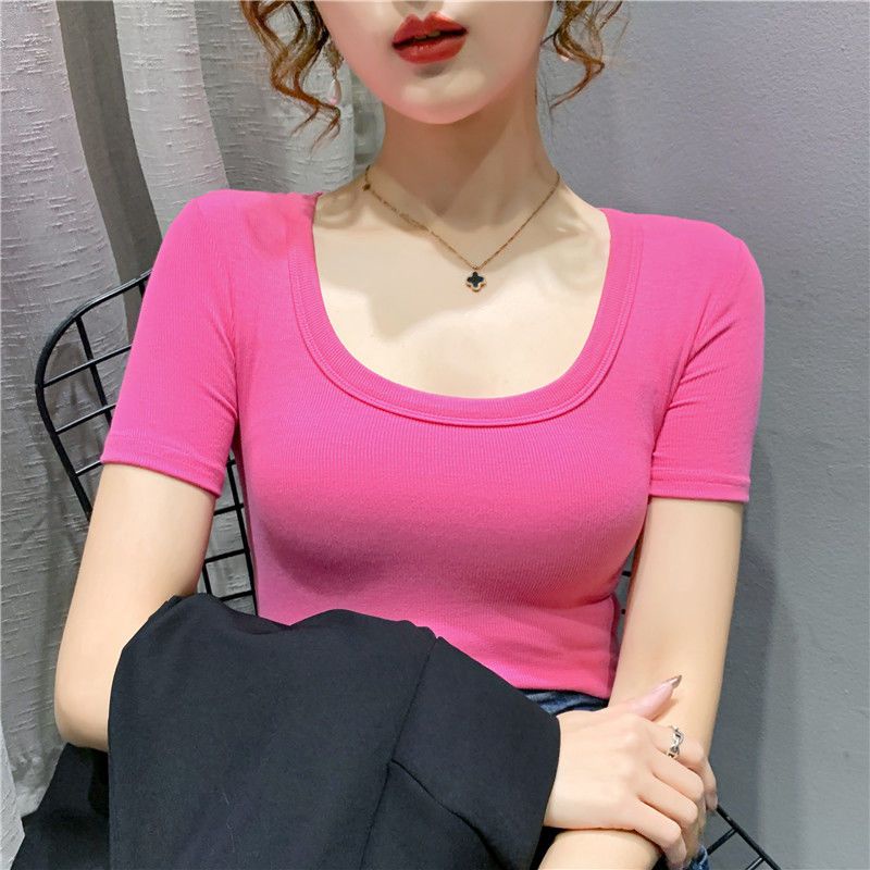 Áo Thun Nữ Ngắn Tay Cổ Chữ U Vải Cotton