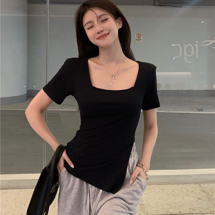 COZOK Áo Thun Ngắn Tay Cổ Vuông Xẻ Tà Thời Trang Retro Cá Tính