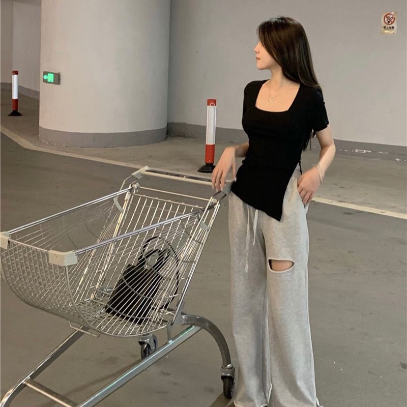 COZOK Áo Thun Ngắn Tay Cổ Vuông Xẻ Tà Thời Trang Retro Cá Tính