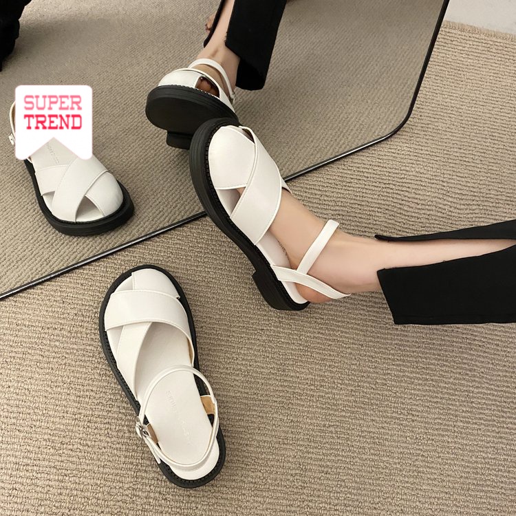 Giày Sandal Bít Mũi Bằng Da PU Đế Dày Mềm Mại Quai Chéo Thời Trang Mùa Hè Cổ Điển