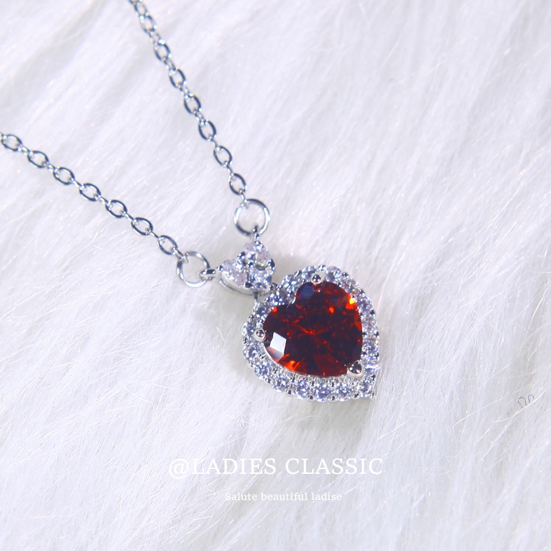 Bộ Dây Chuyền + Bông Tai Hình Trái Tim Đính Đá Sapphire Xanh Đỏ Thời Trang Cho Nữ