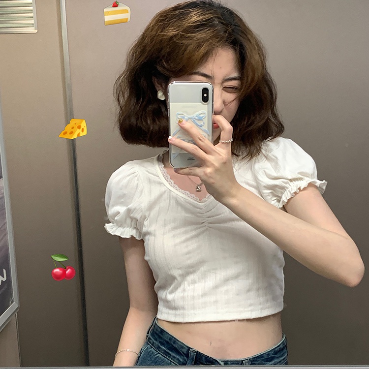 Áo Croptop Tay Ngắn Dáng Ôm Màu Trắng Thời Trang Đường Phố Mùa Hè Xinh Xắn Cho Nữ