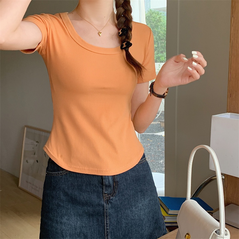 Áo Thun Tay Ngắn Cổ Chữ U Ôm Dáng Phong Cách Hàn Quốc Thời Trang Mùa Hè Mới Cho Nữ