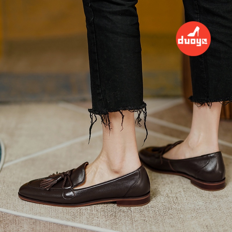 Giày Da Mũi Tròn Phối Tua Rua Phong Cách Anh Quốc Thời Trang Cho Nữ