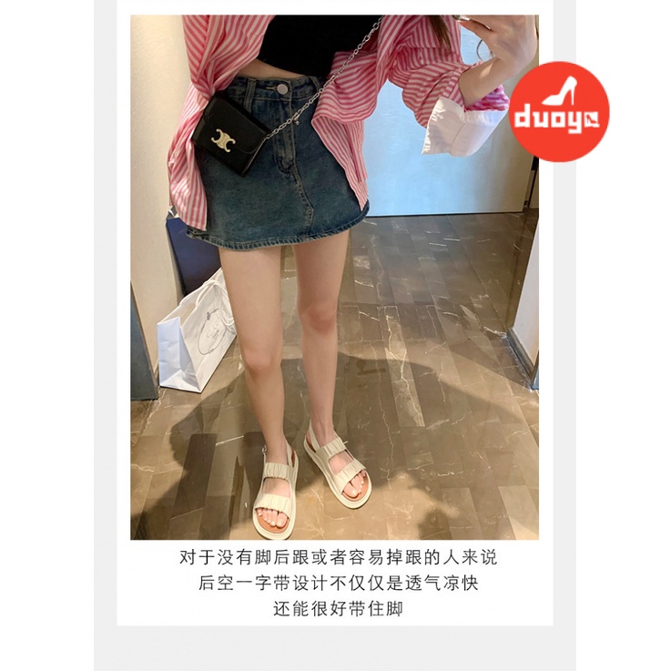 Duoya Tóc Thẳng ~ [Hàng Có Sẵn] Giày Sandal Thể Thao Đế Phẳng Dày Dây Xếp Ly Cài Khóa Phẳng Phong Cách Giản Dị