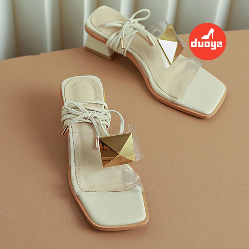 Duoya Tóc Thẳng ~ [Hàng Có Sẵn] Giày Sandal Đế Phẳng Thắt Dây Đính Đinh Tán Kim Sa Dành Cho Nữ Miễn Phí Vận Chuyển