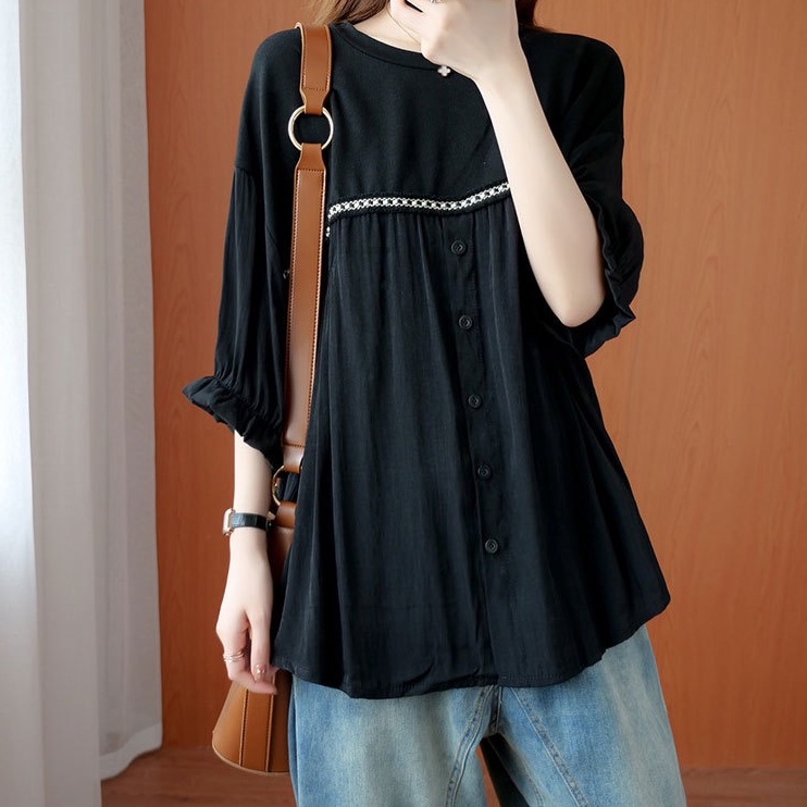 Áo Sơ Mi Chiffon Cổ Tròn Tay Lá Sen Dáng Rộng Thời Trang Mùa Hè 2023 Plus Size Cho Nữ