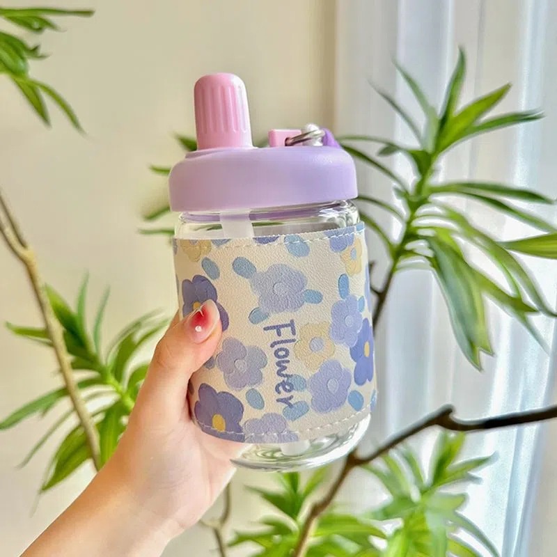 Bình Đựng Nước 400ml / 500ml Bằng Da Cách Nhiệt Có Ống Hút Tiện Dụng