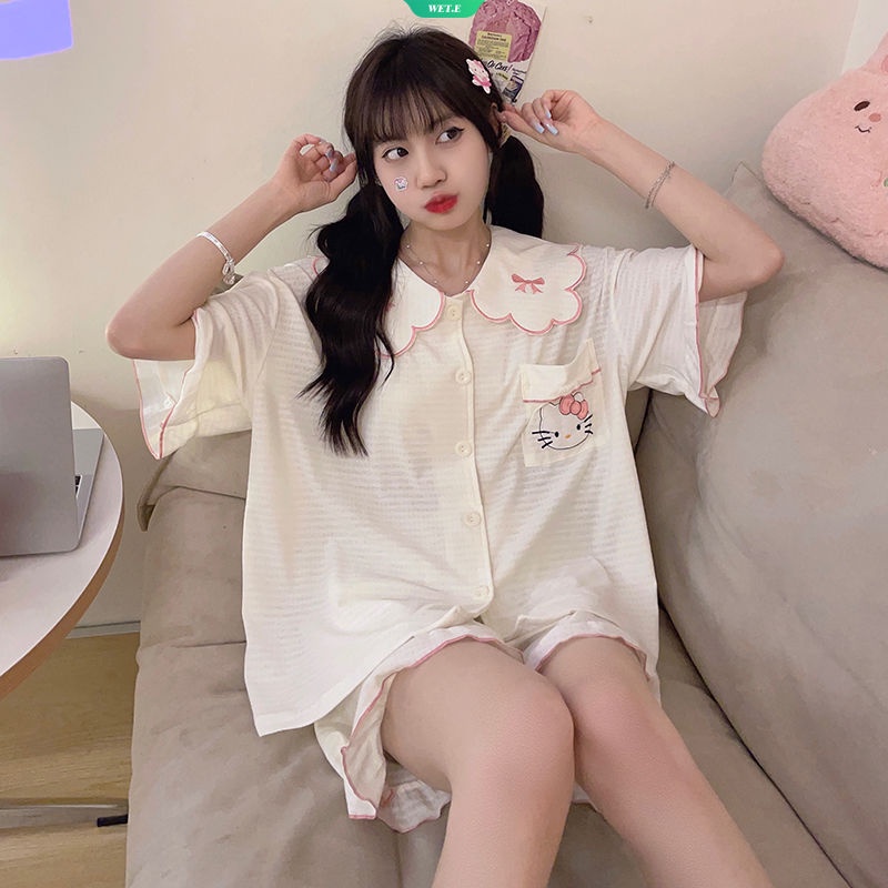 Bộ Đồ Ngủ Tay Ngắn In Hoạt Hình Sanrio Hello Kitty Phong Cách Hàn Quốc Thời Trang Mùa Hè 2023 Cho Nữ