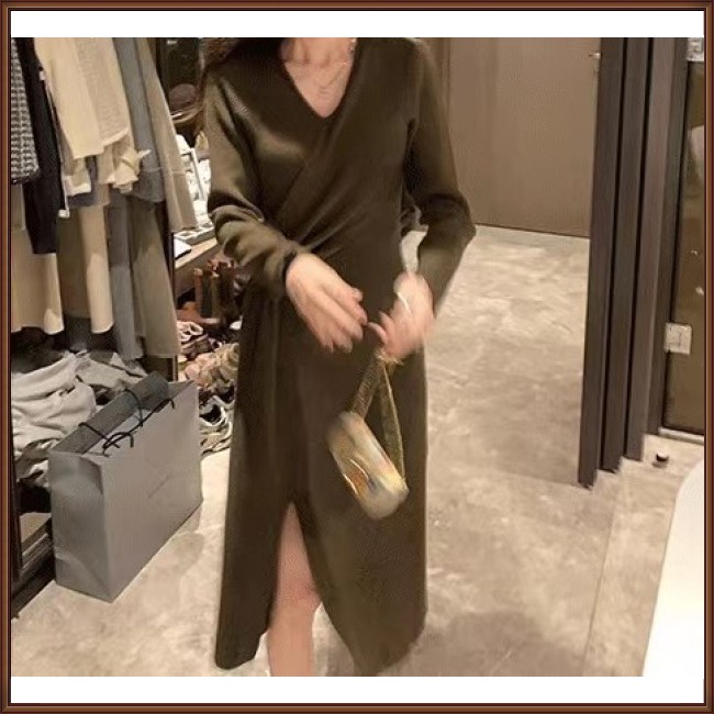 Đầm Dệt Kim Tay Dài Cổ Chữ V Xẻ Tà Màu Sắc Đơn Giản Phong Cách Retro Dành Cho Nữ